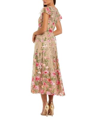 Embroidered Cap Sleeve V Neck Ankle Dress