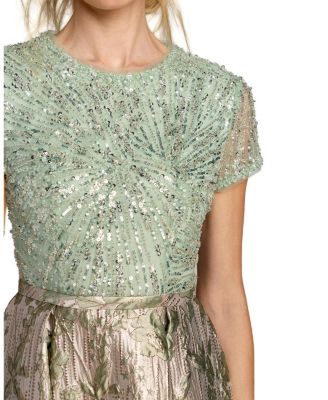 Beaded Cap Sleeve Ball Gown with Metallic Brocade Skirt