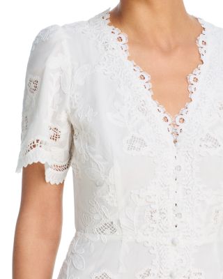 Aqua Embroidered Lace Button-front V-neck Midi Dress - White