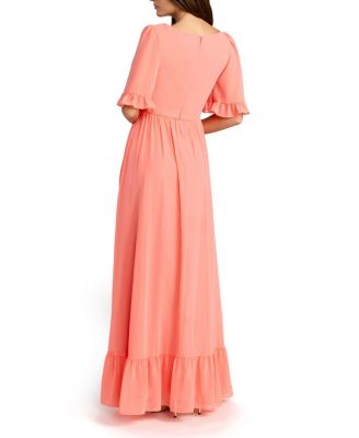  V-Neck Flutter Sleeve Chiffon Faux Wrap Maxi Gown