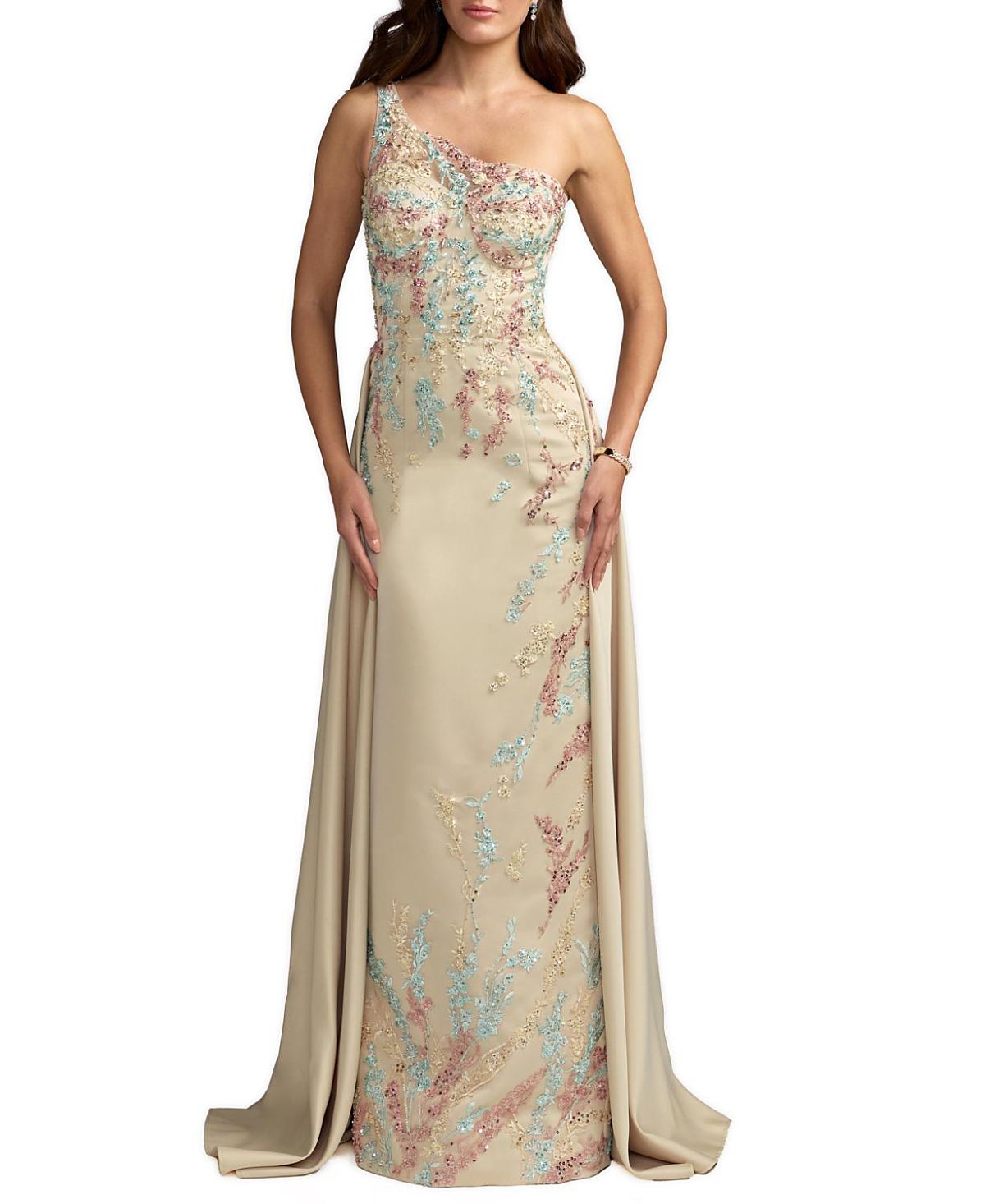 Mac Duggal One Shoulder Embellished Satin Gown with Overskirt