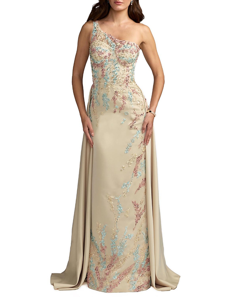 Mac Duggal One Shoulder Embellished Satin Gown with Overskirt