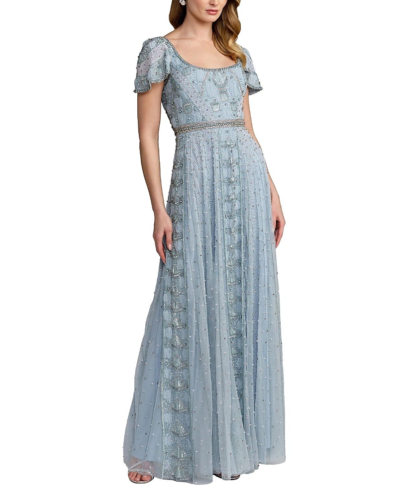 Mac Duggal Short Sleeve A Line Gown With Embellishements
