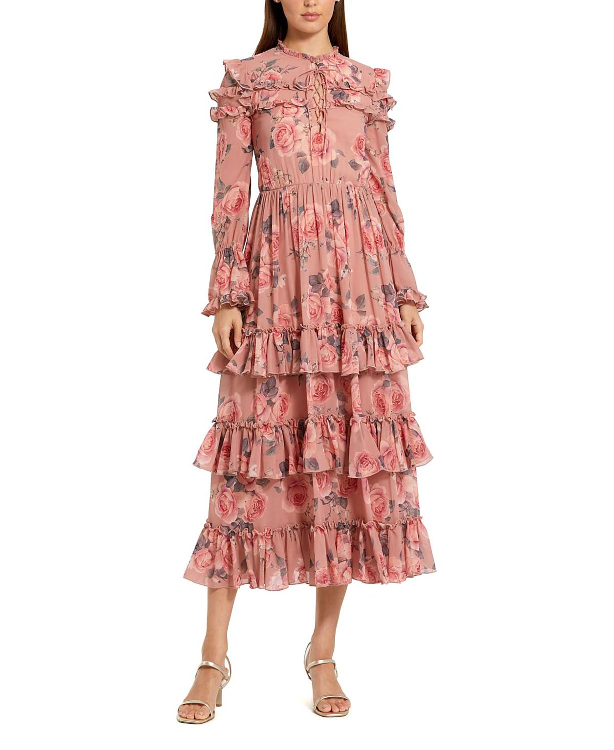Mac Duggal Long Sleeve Lace Up Front Tiered Ruffle Dress