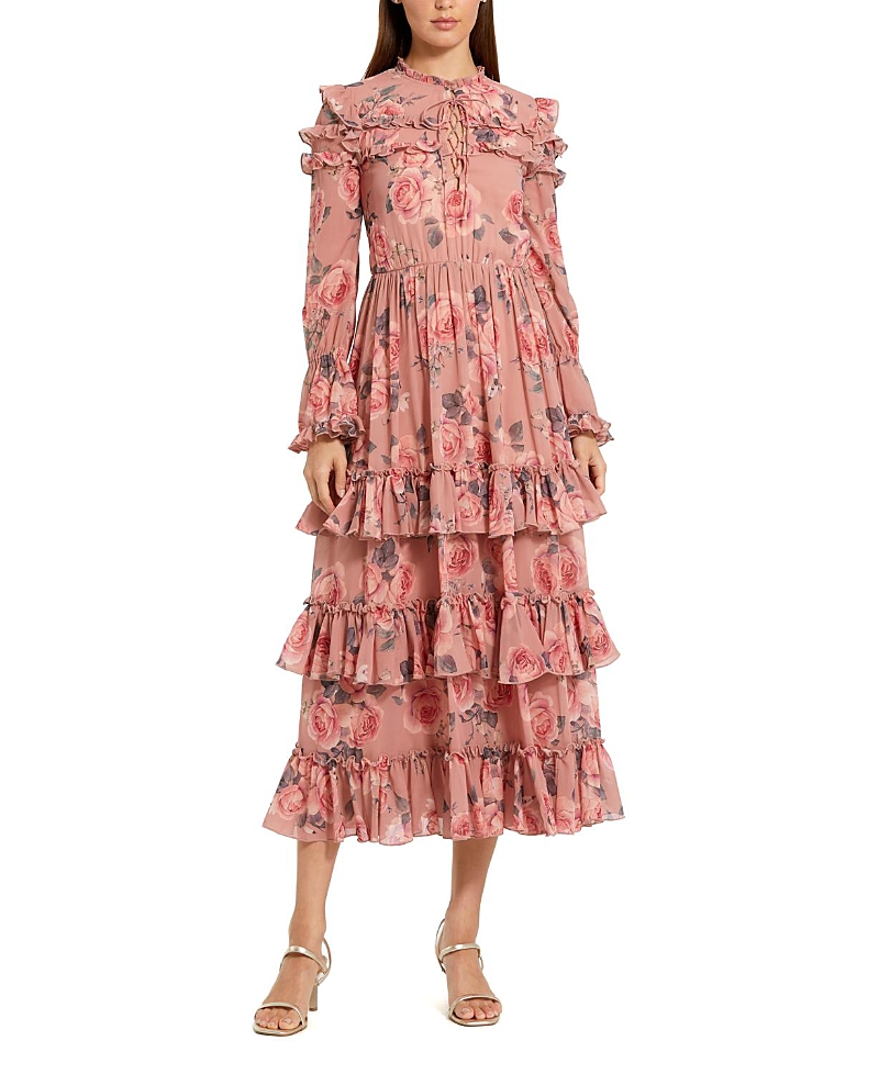 Mac Duggal Long Sleeve Lace Up Front Tiered Ruffle Dress