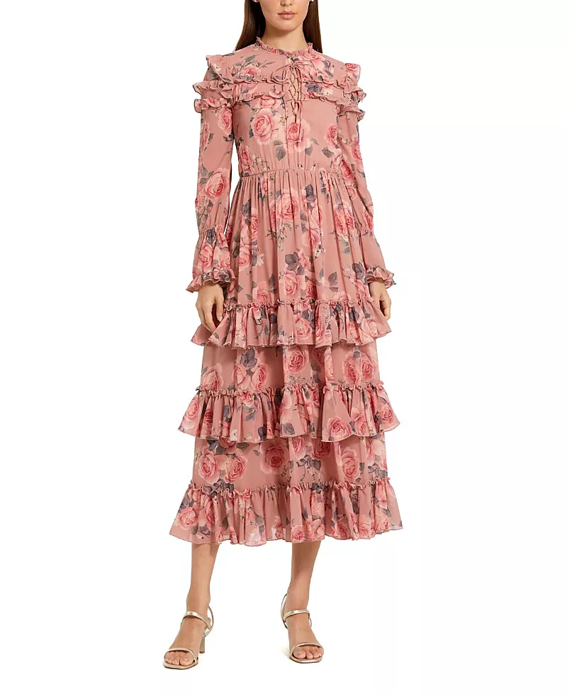 Mac Duggal Long Sleeve Lace Up Front Tiered Ruffle Dress