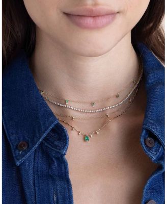 14K Yellow Gold Dangling Emerald & Diamond Necklace, 16"
