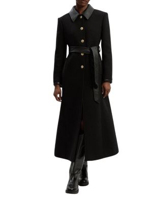 Wool Pu Mix Belted Tailored Maxi Coat