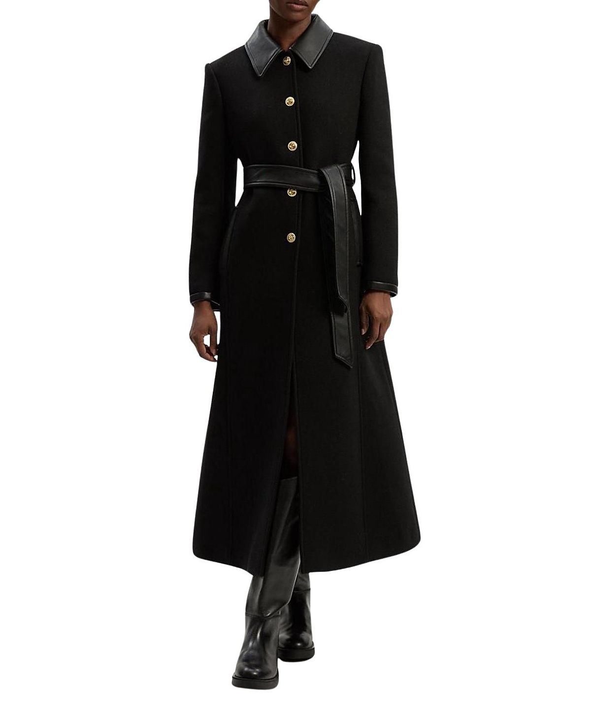 Karen Millen Wool Pu Mix Belted Tailored Maxi Coat