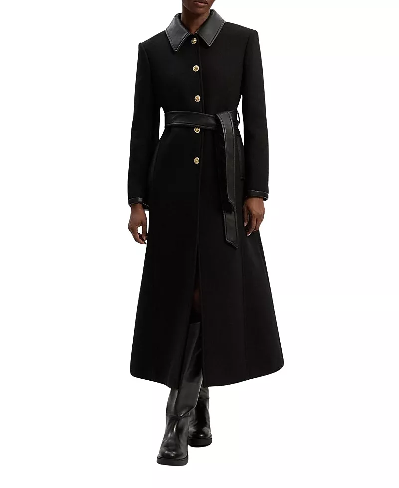 Karen Millen Wool Pu Mix Belted Tailored Maxi Coat