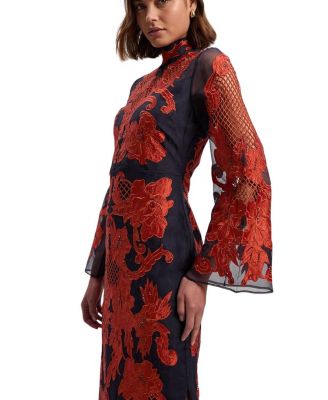 High Neck Embroidered Midi Dress
