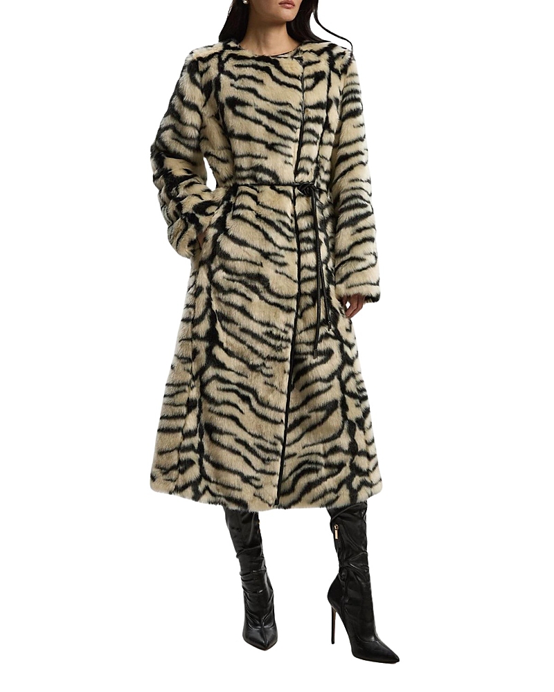Karen Millen Faux Fur Collarless Tie Belted Midi Coat