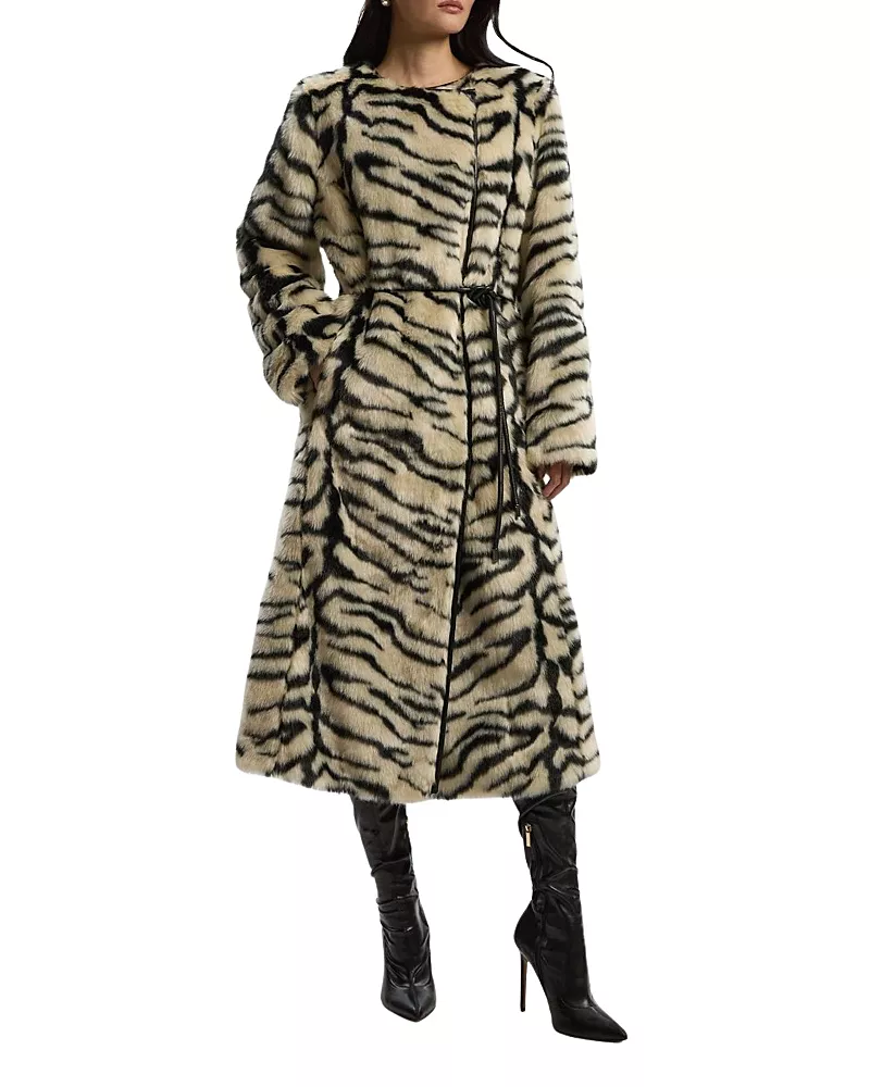 Karen Millen Faux Fur Collarless Tie Belted Midi Coat