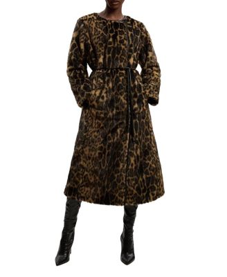 Faux Fur Collarless Tie Belted Midi Coat