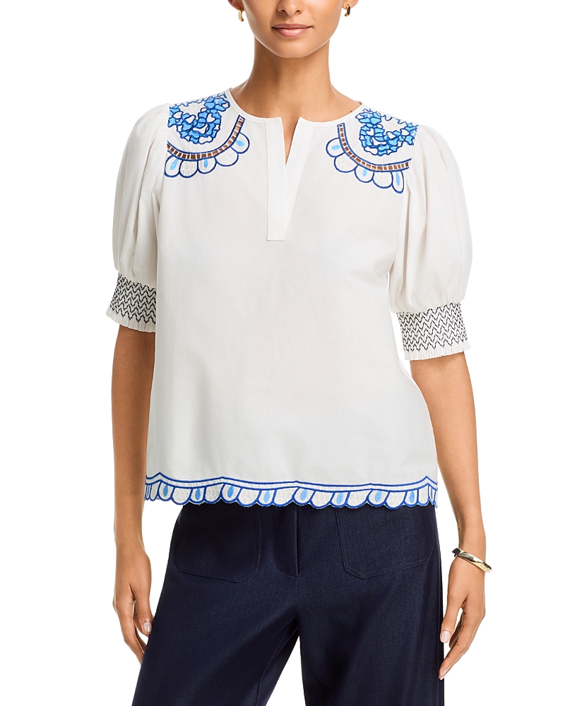T Tahari Split V Neck Embroidered Top