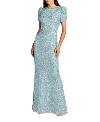  Gathered Short Sleeve Beaded Gown