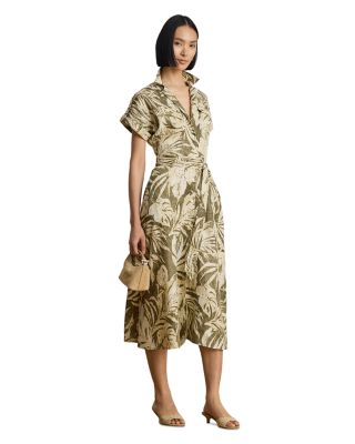 Palm Frond Print Linen Camp Shirtdress