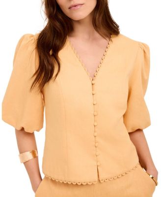  Women's Linen Puff Sleeve Top