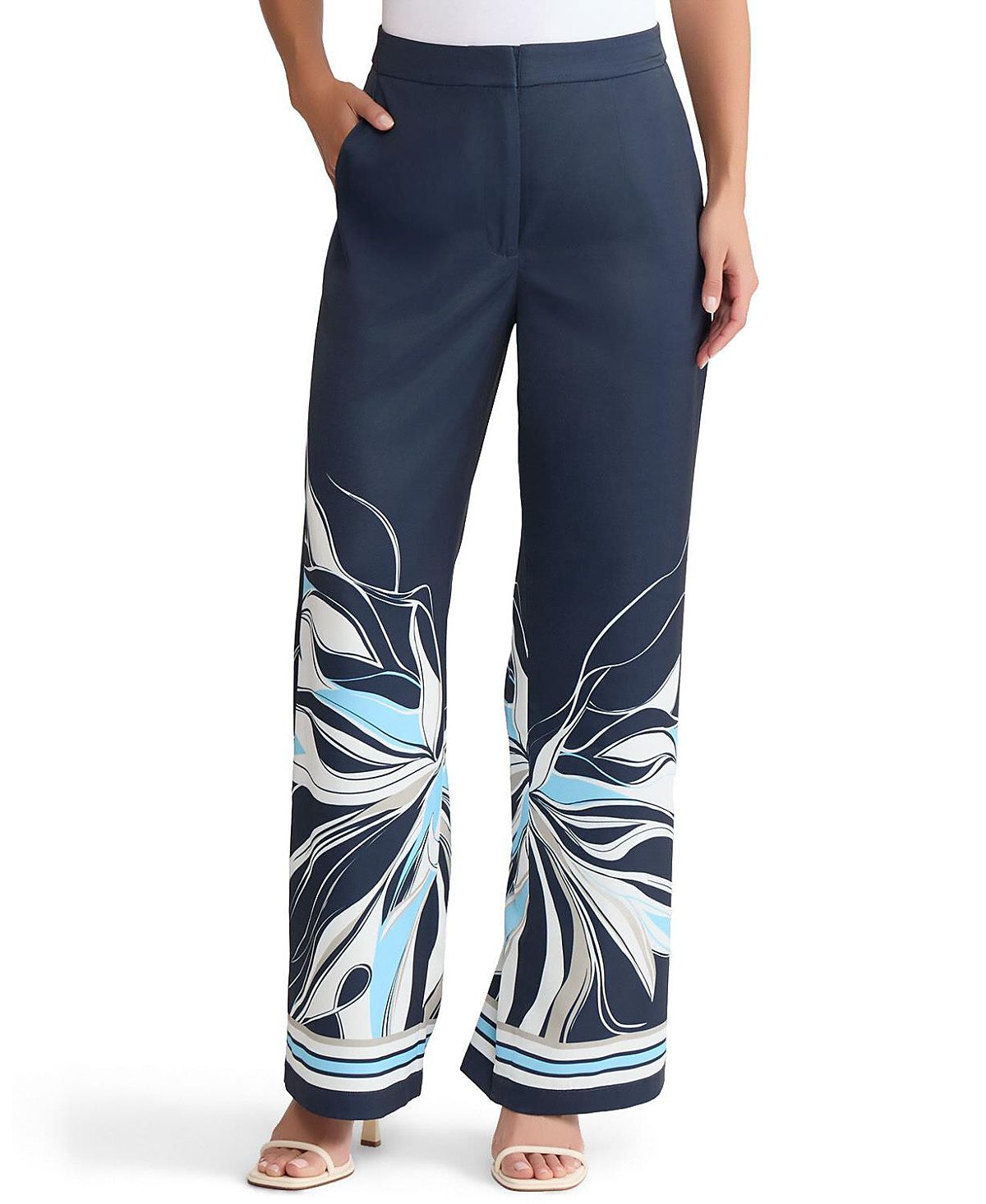 Ming Wang Crepe de Chine Wide-Leg Floral Abstract Pants