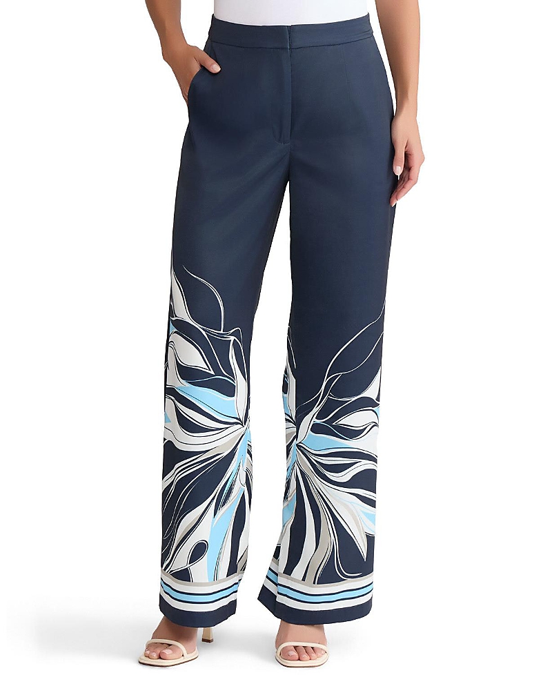 Ming Wang Crepe de Chine Wide-Leg Floral Abstract Pants