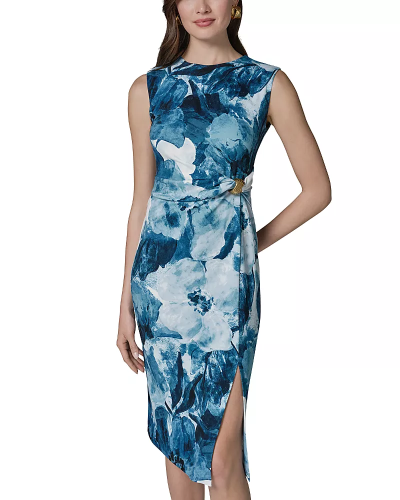 Donna Karan Printed Gathered Waist Midi Dress