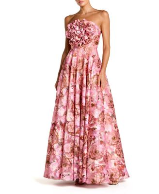 Strapless Floral Printed A-Line Gown with 3D Flower