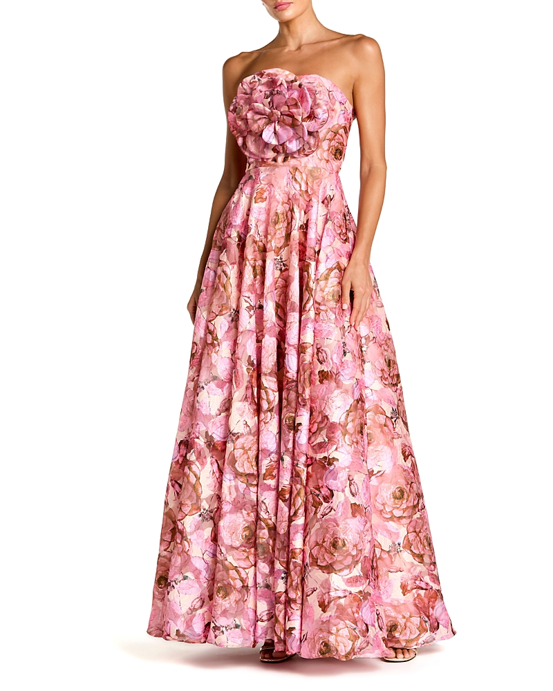 Mac Duggal Strapless Floral Printed A-Line Gown with 3D Flower