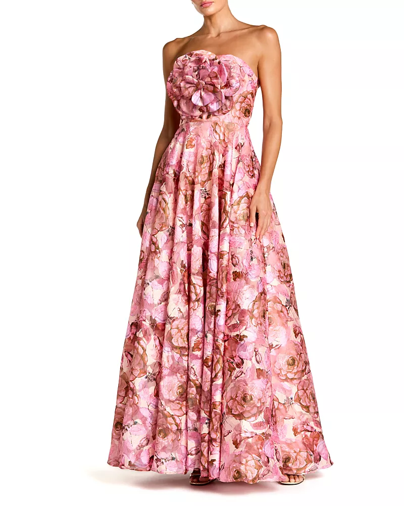 Mac Duggal Strapless Floral Printed A-Line Gown with 3D Flower