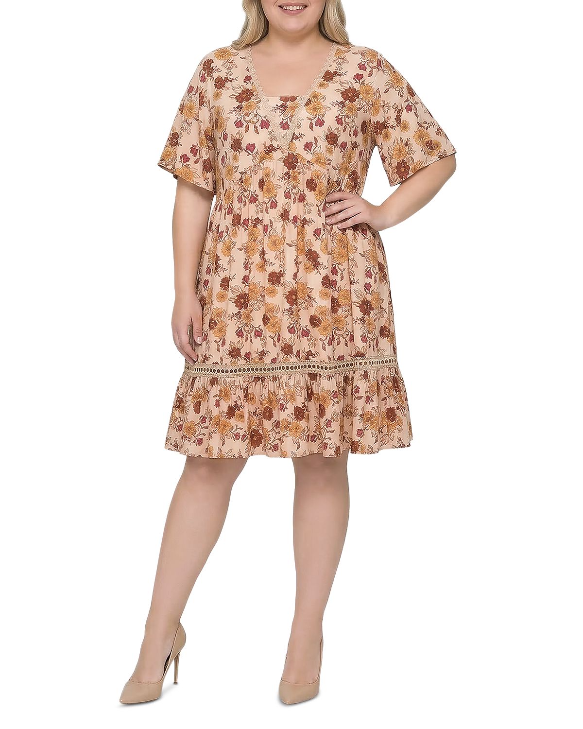 standards & practices Plus Floral Crochet Trim Flutter Sleeve Dress
