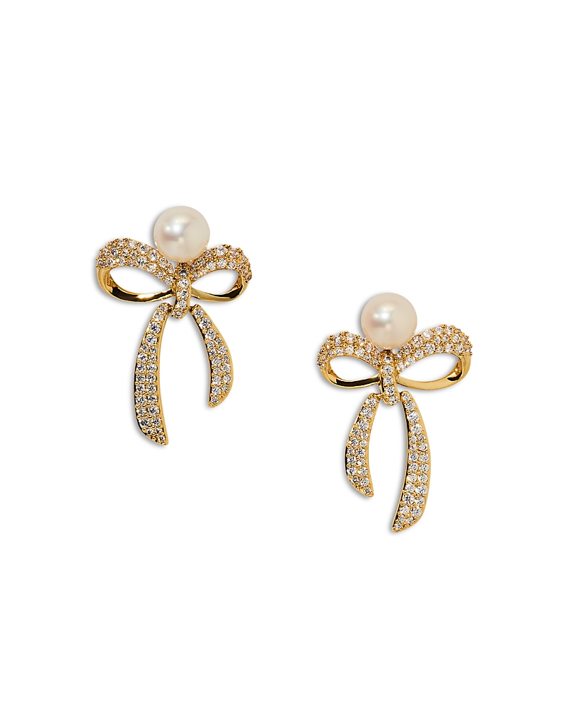 Nadri Eros Pave & Imitation Pearl Small Ribbon Stud Earrings