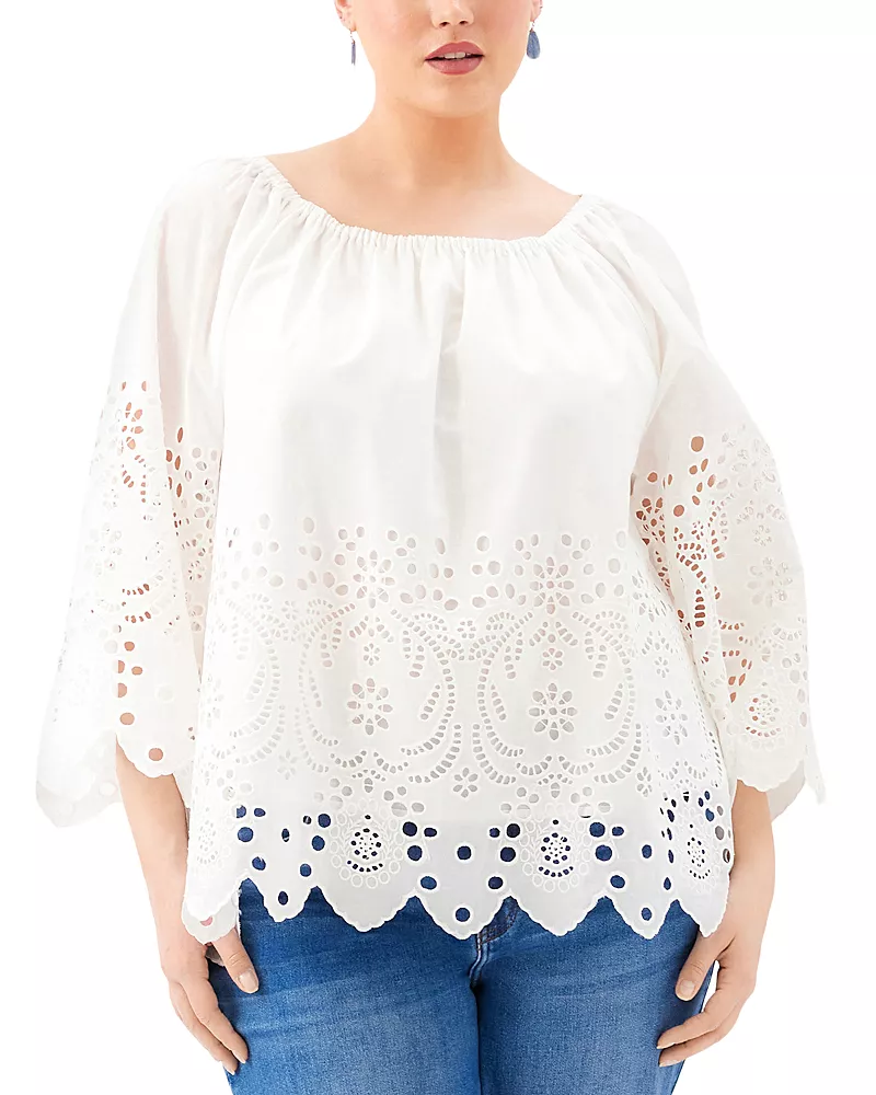 Karen Kane Plus Size Cutout Embroidery Flare Sleeve Peasant Top