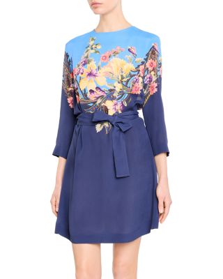 Placed Floral Tie Waist Mini Dress