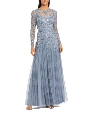  Embellished Mesh Long Sleeve Ruffle hem Gown