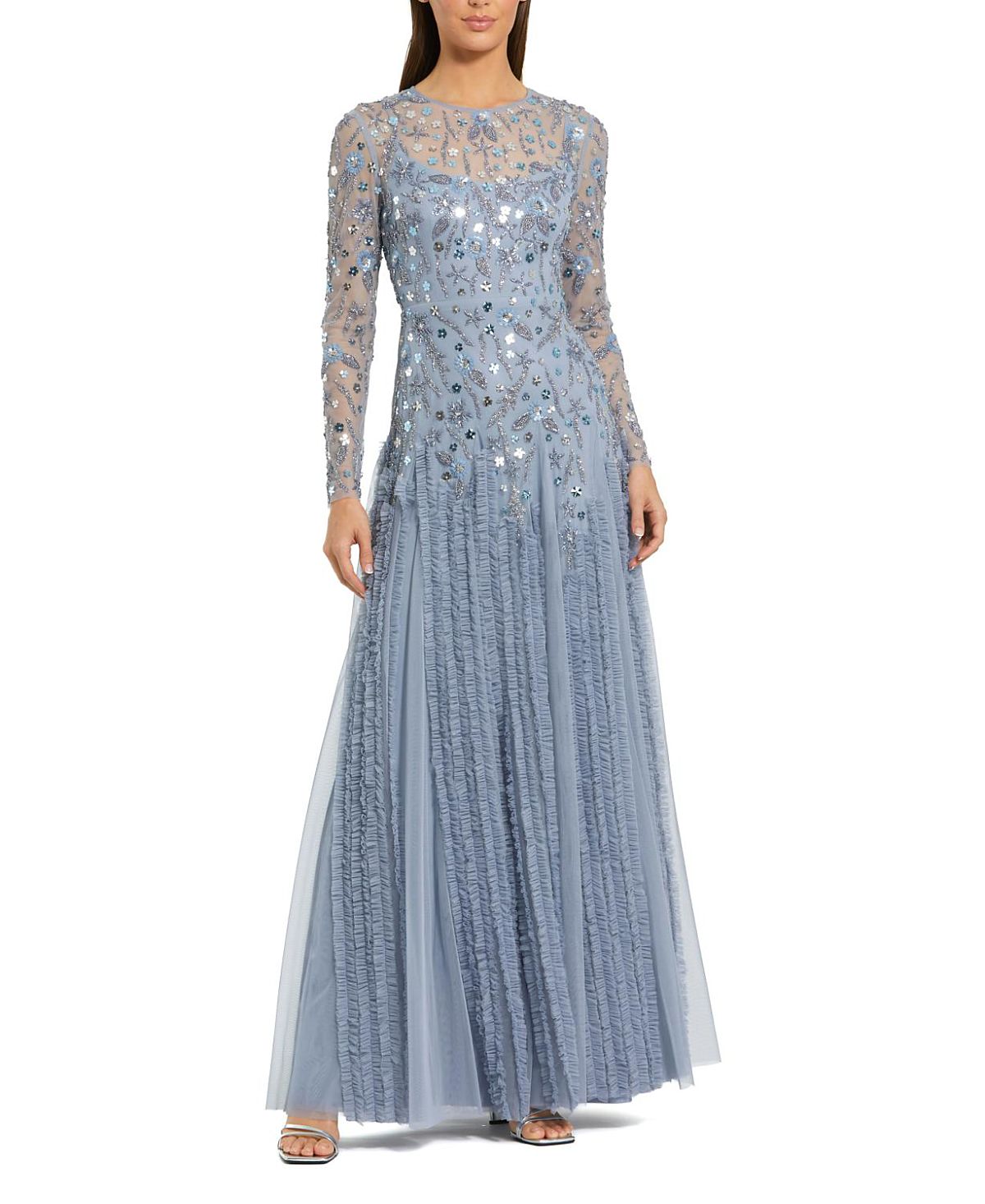 Mac Duggal Embellished Mesh Long Sleeve Ruffle hem Gown