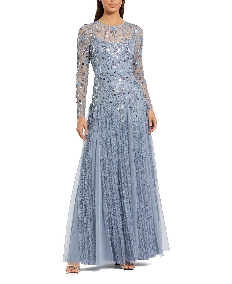 Mac Duggal Embellished Mesh Long Sleeve Ruffle hem Gown