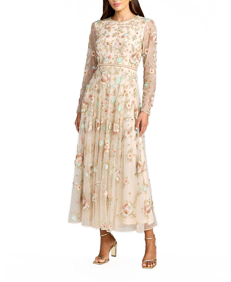 Mac Duggal Floral Embellished Long Sleeve Mesh Midi Dress
