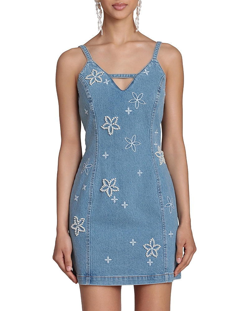 Avec Les Filles Pearl Fleur Embellished Stretch Denim Mini Dress