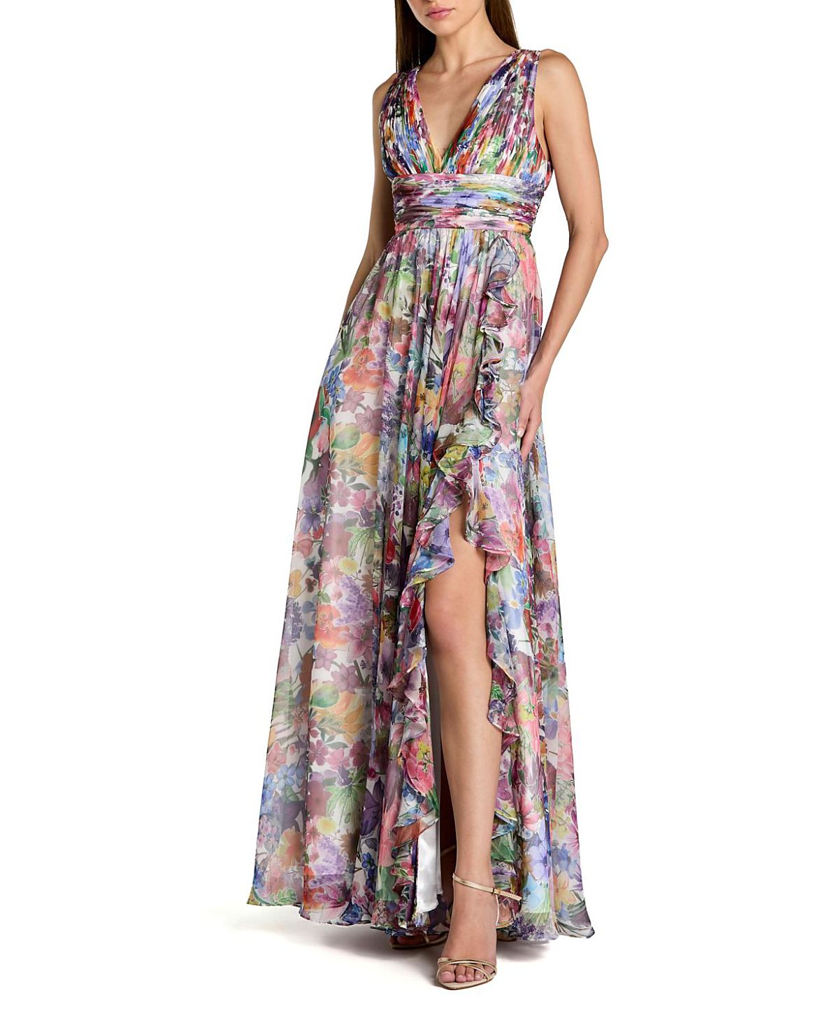 Mac Duggal Sleeveless Printed Chiffon V Neck Ruched Gown
