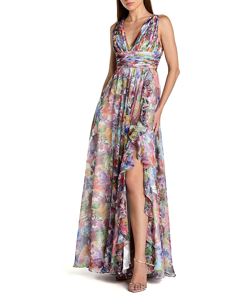 Mac Duggal Sleeveless Printed Chiffon V Neck Ruched Gown