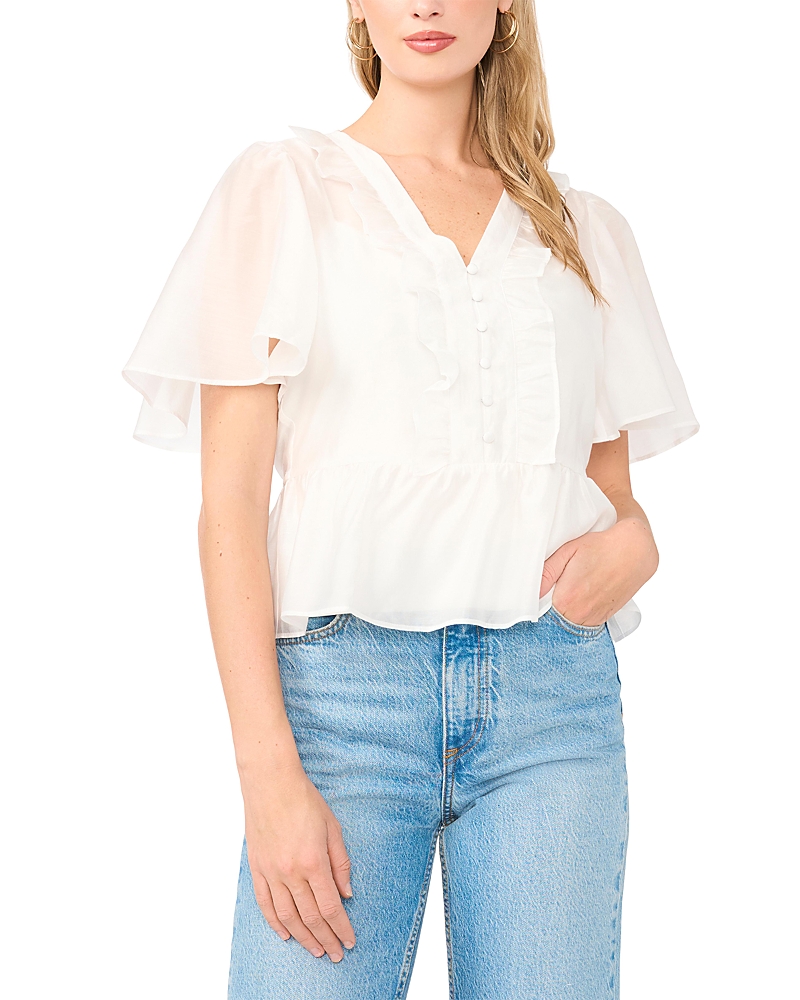Vince Camuto V Neck Double Ruffle Button Down Top