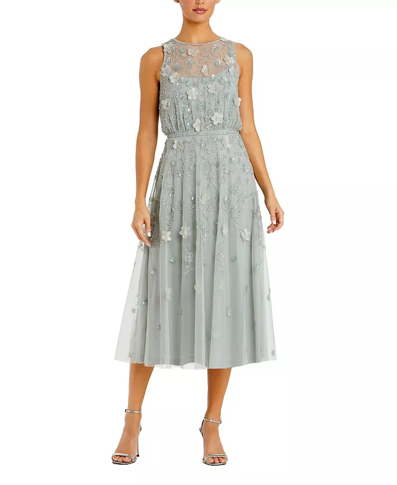 Mac Duggal Floral Embellished Sleeveless Midi Dress