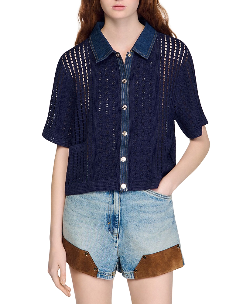 Sandro Crochet and Denim Cardigan