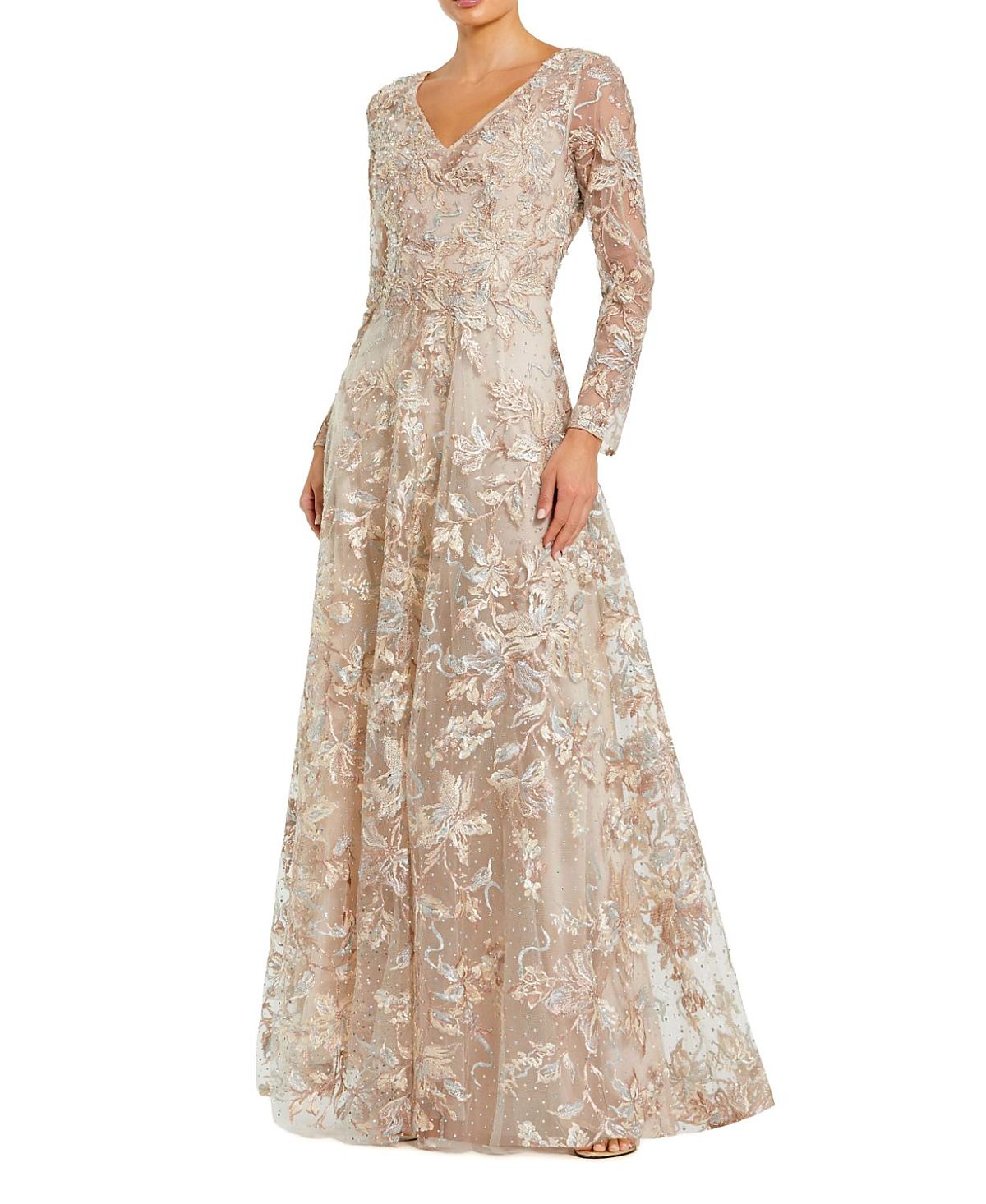 Mac Duggal Embellished Illusion Long Sleeve V Neck Gown