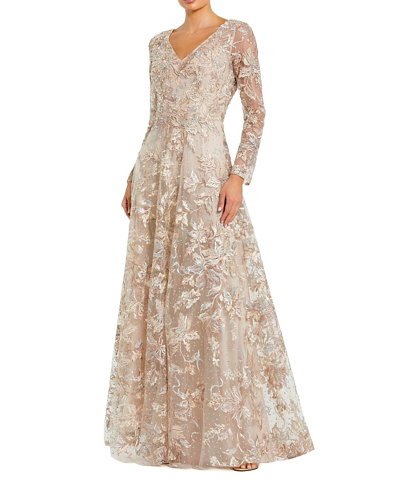 Mac Duggal Embellished Illusion Long Sleeve V Neck Gown