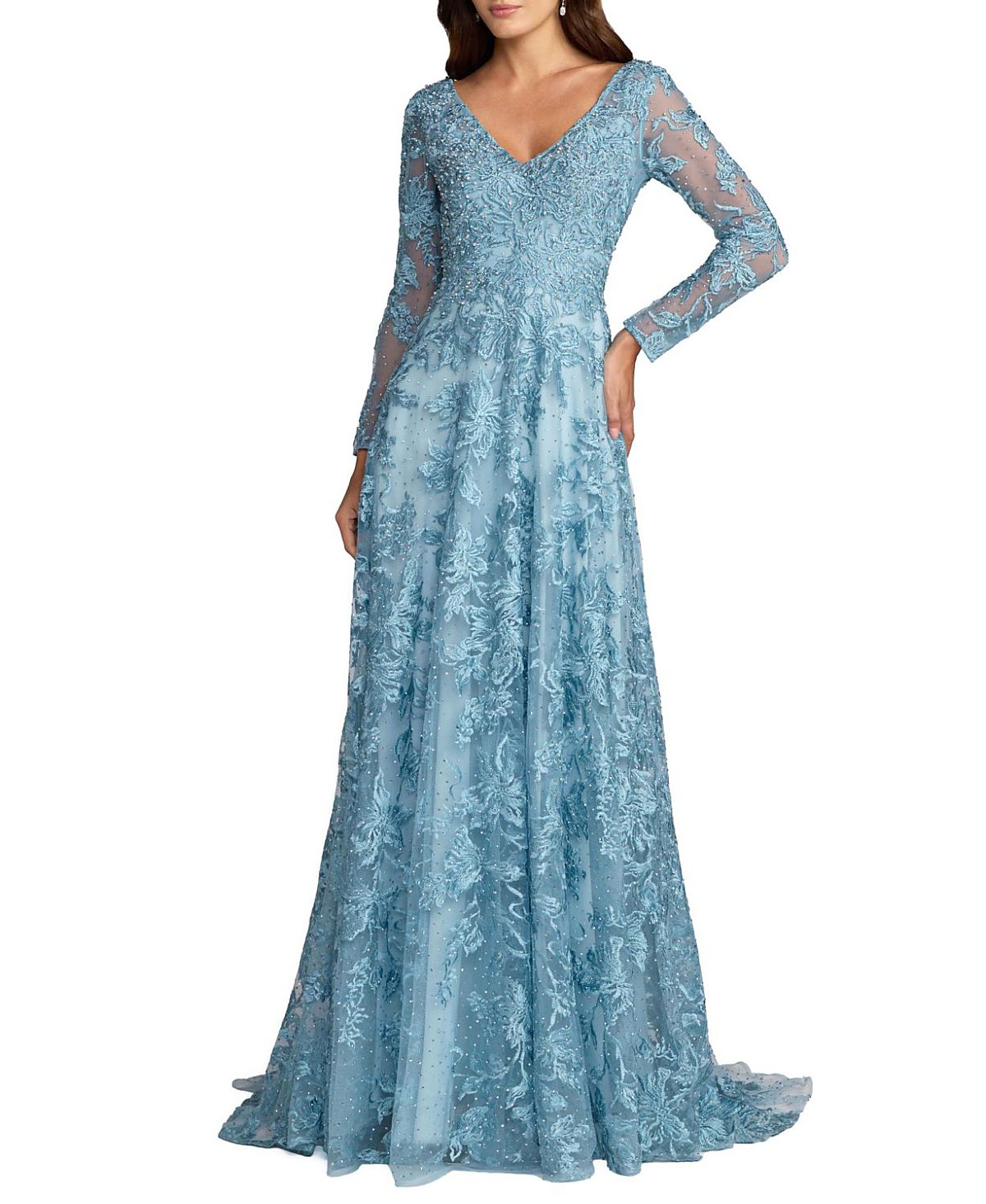 Mac Duggal Embellished Illusion Long Sleeve V Neck Gown