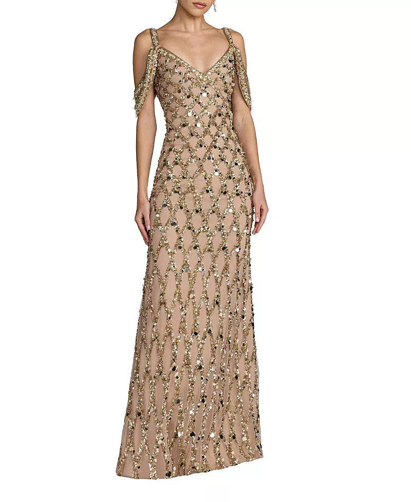 Mac Duggal Sequin Embellished V-Neck Gown
