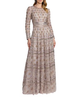  Embroidered Mesh Long Sleeve A Line Gown