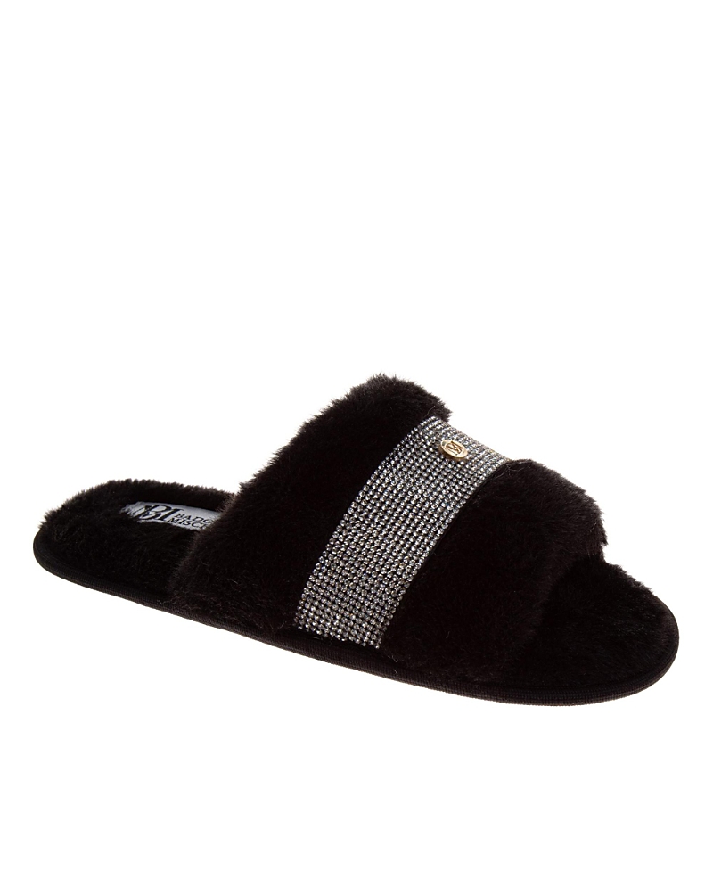 Badgley Mischka Women's Fuzzy Rhinestone Logo Slippers