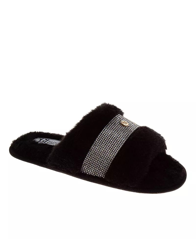 Badgley Mischka Women's Fuzzy Rhinestone Logo Slippers