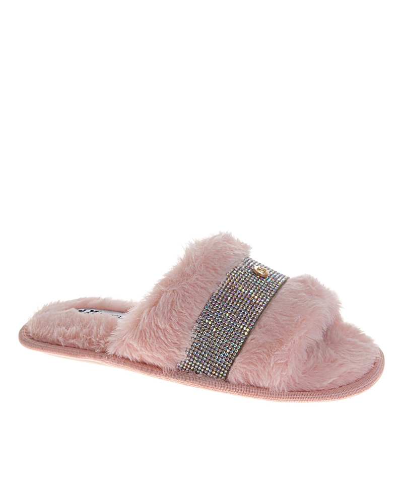 Badgley Mischka Women's Fuzzy Rhinestone Logo Slippers